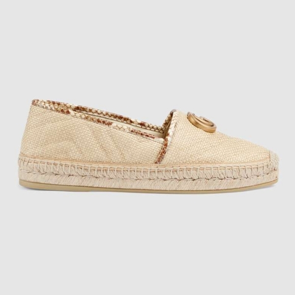 Gucci Women Chevron Raffia Espadrille with Double G, natural/brown. - Picture 3 of 14